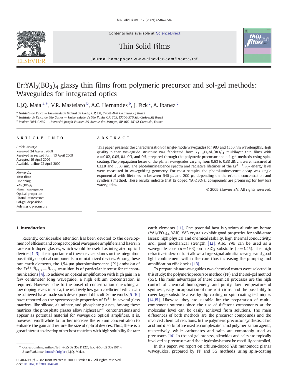 Er:YAl3(BO3)4 glassy thin films from polymeric precursor and sol-gel methods: Waveguides for integrated optics