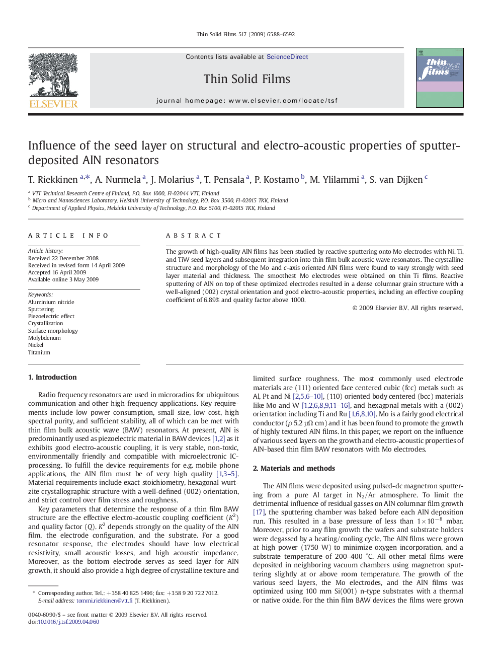 Influence of the seed layer on structural and electro-acoustic properties of sputter-deposited AlN resonators