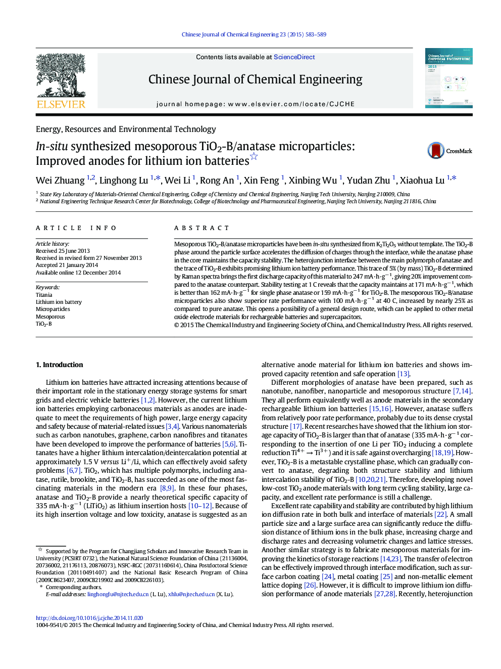 In-situ synthesized mesoporous TiO2-B/anatase microparticles: Improved anodes for lithium ion batteries 