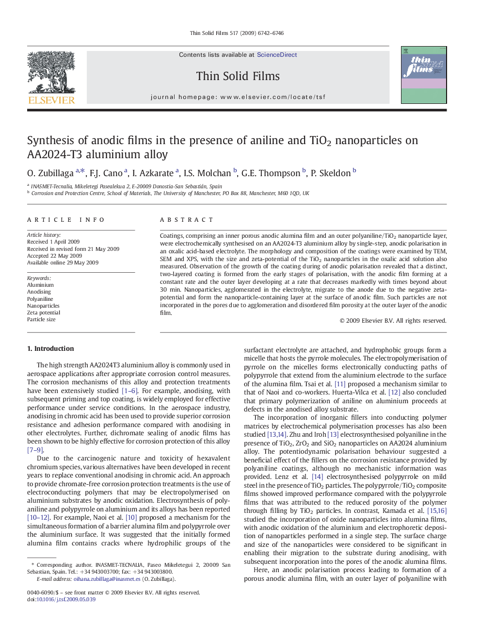 Synthesis of anodic films in the presence of aniline and TiO2 nanoparticles on AA2024-T3 aluminium alloy