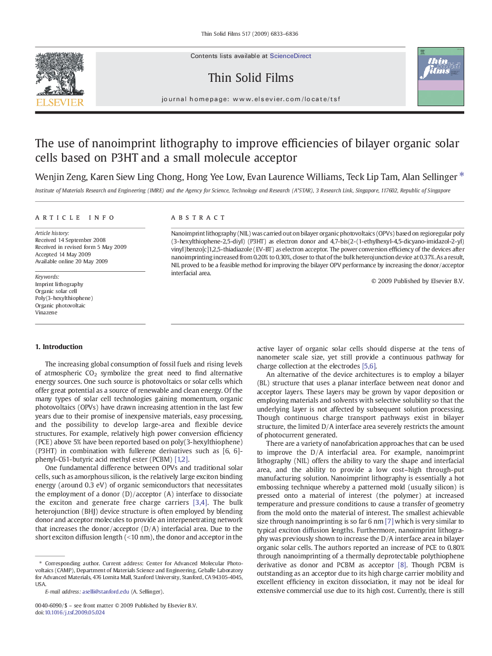 The use of nanoimprint lithography to improve efficiencies of bilayer organic solar cells based on P3HT and a small molecule acceptor