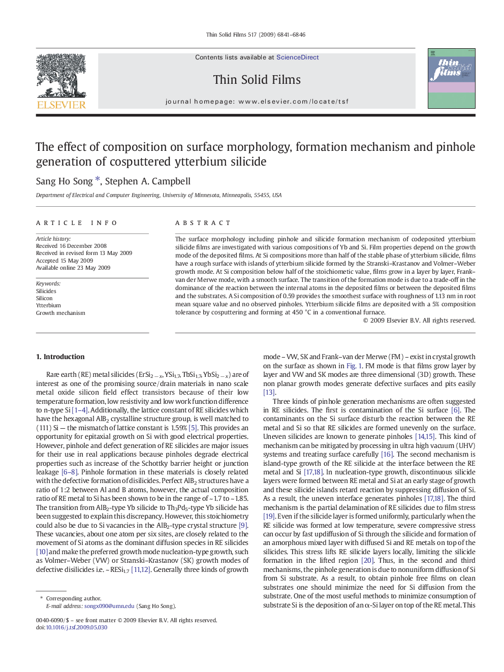 The effect of composition on surface morphology, formation mechanism and pinhole generation of cosputtered ytterbium silicide