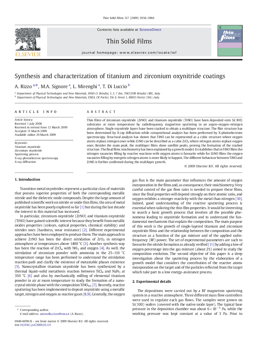 Synthesis and characterization of titanium and zirconium oxynitride coatings