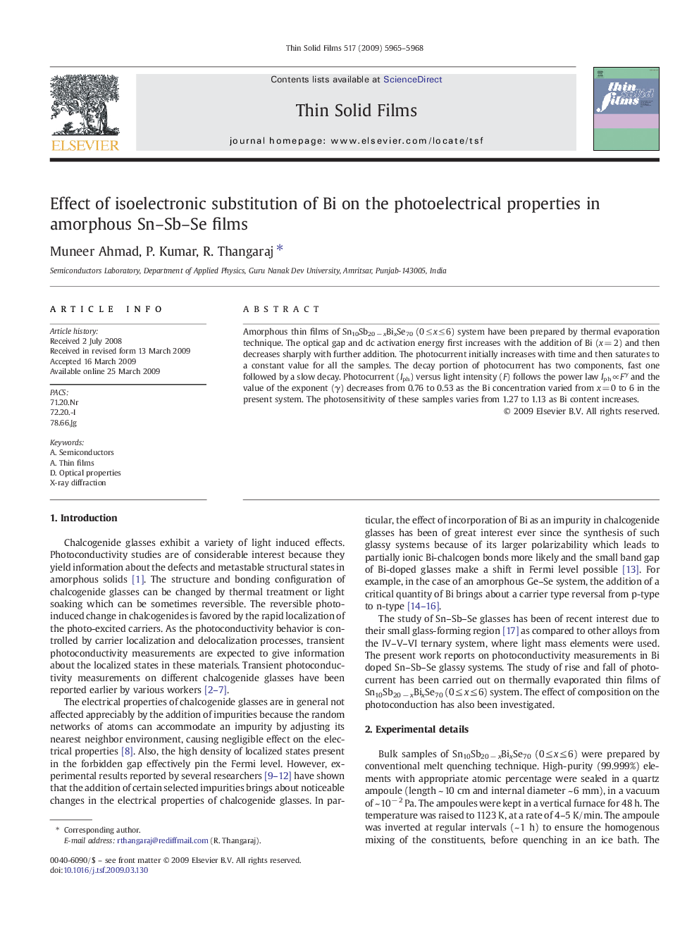 Effect of isoelectronic substitution of Bi on the photoelectrical properties in amorphous Sn–Sb–Se films