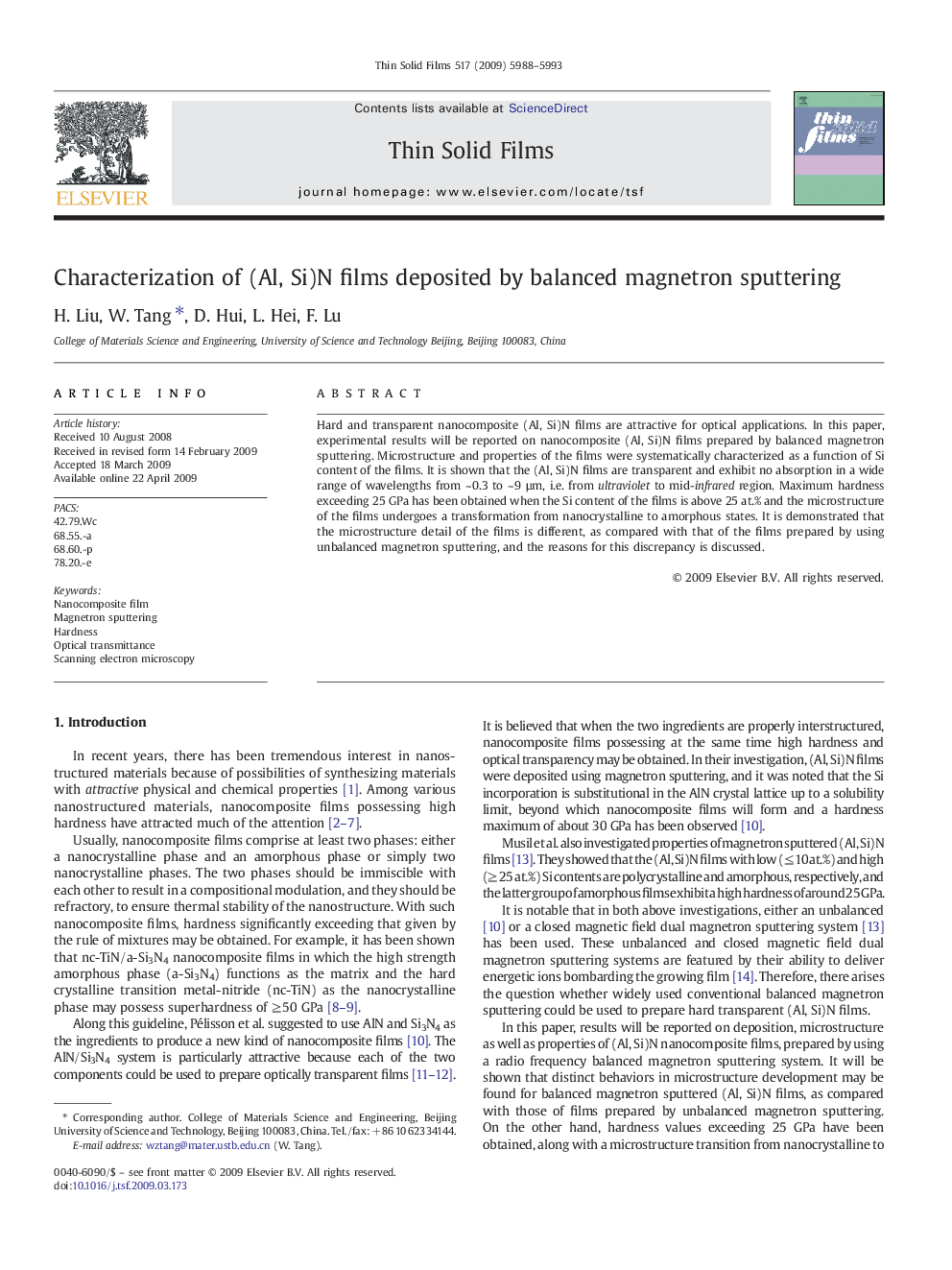 Characterization of (Al, Si)N films deposited by balanced magnetron sputtering