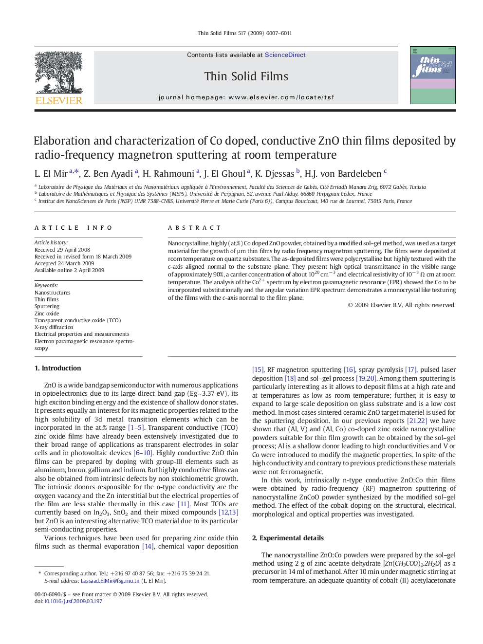 Elaboration and characterization of Co doped, conductive ZnO thin films deposited by radio-frequency magnetron sputtering at room temperature