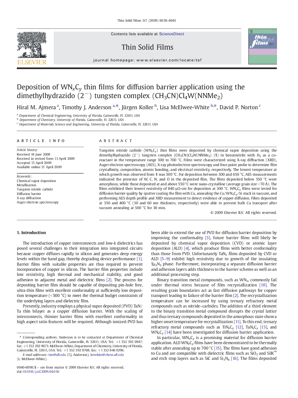 Deposition of WNxCy thin films for diffusion barrier application using the dimethylhydrazido (2−) tungsten complex (CH3CN)Cl4W(NNMe2)