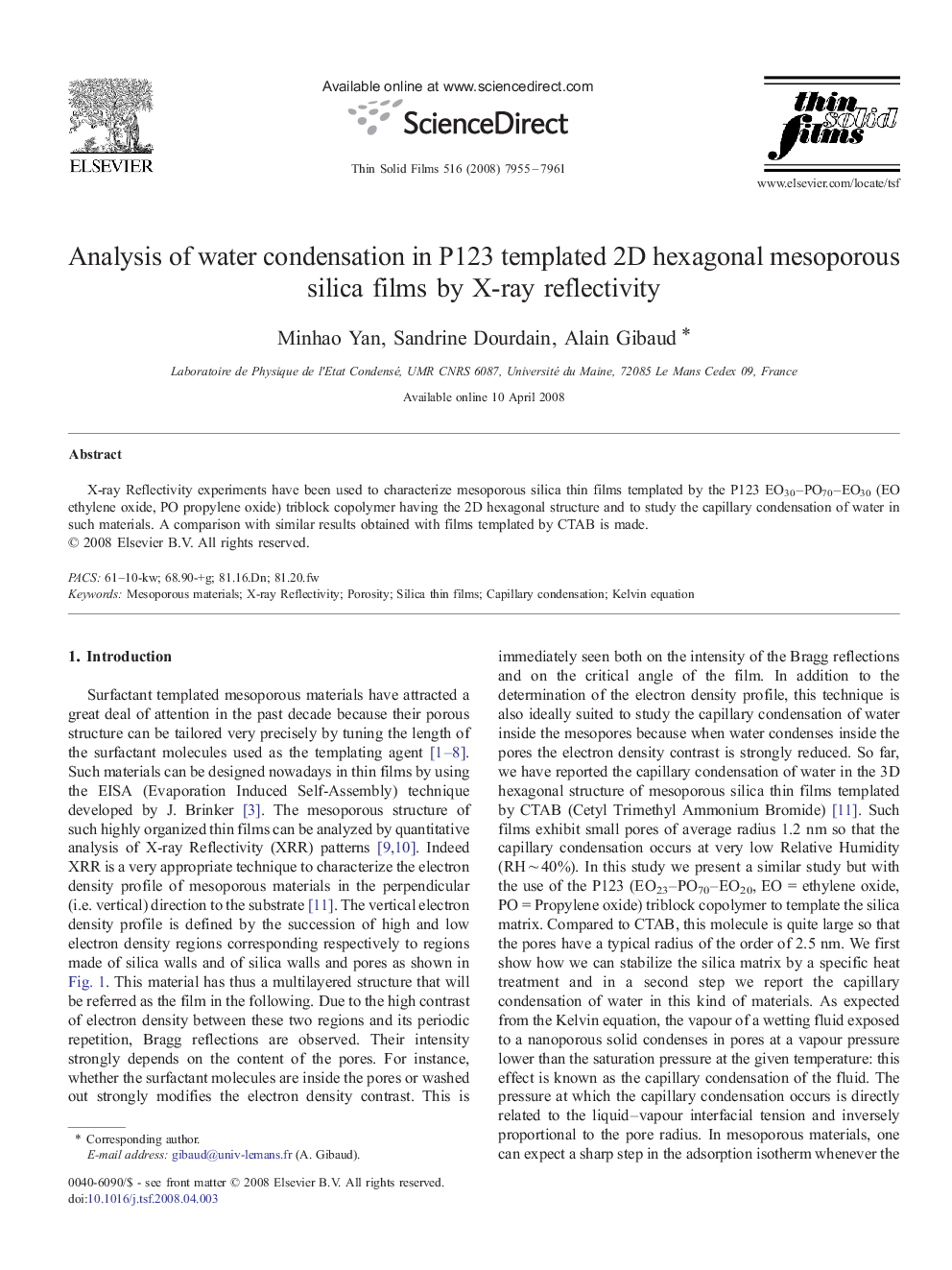 Analysis of water condensation in P123 templated 2D hexagonal mesoporous silica films by X-ray reflectivity