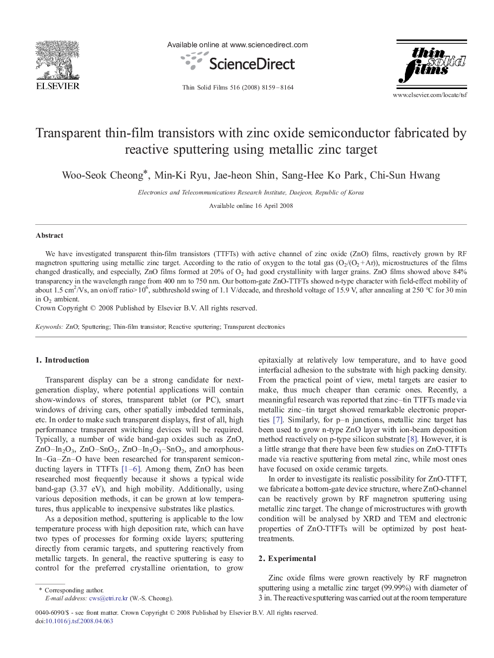 عکس صفحه اول مقاله: Transparent thin-film transistors with zinc oxide semiconductor fabricated by reactive sputtering using metallic zinc target Transparent thin-film transistors with zinc oxide semiconductor fabricated by reactive sputtering using metallic zinc target