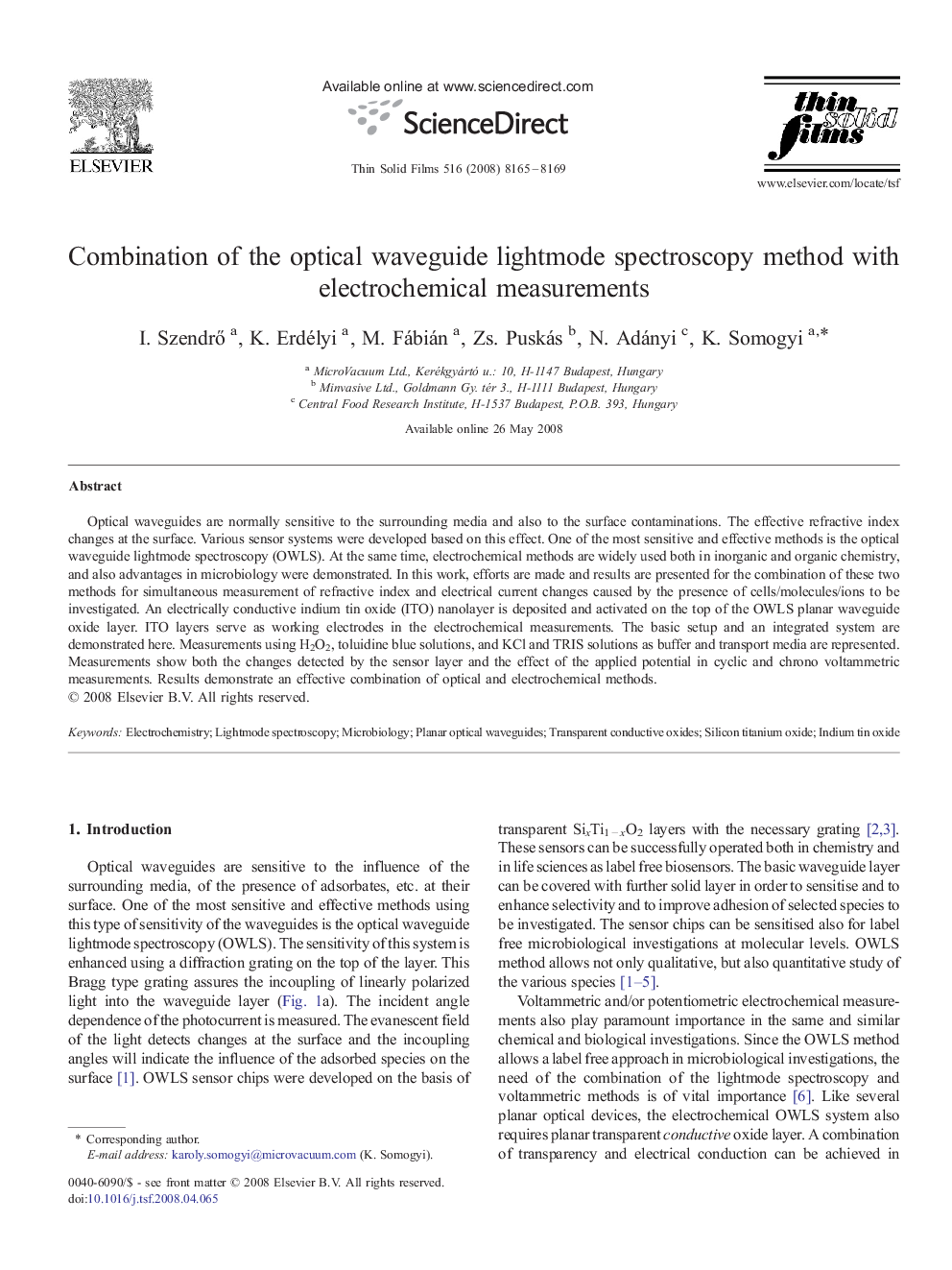 Combination of the optical waveguide lightmode spectroscopy method with electrochemical measurements