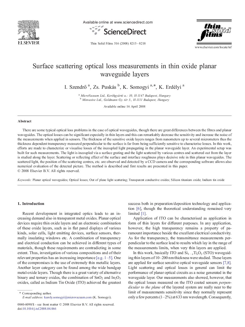 Surface scattering optical loss measurements in thin oxide planar waveguide layers