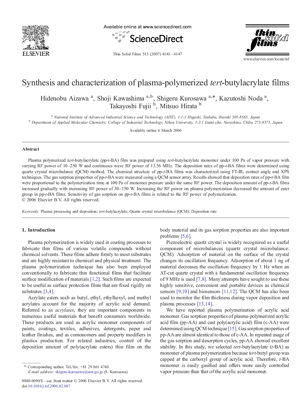 Synthesis and characterization of plasma-polymerized tert-butylacrylate films