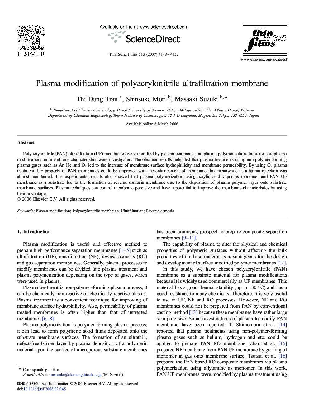 Plasma modification of polyacrylonitrile ultrafiltration membrane