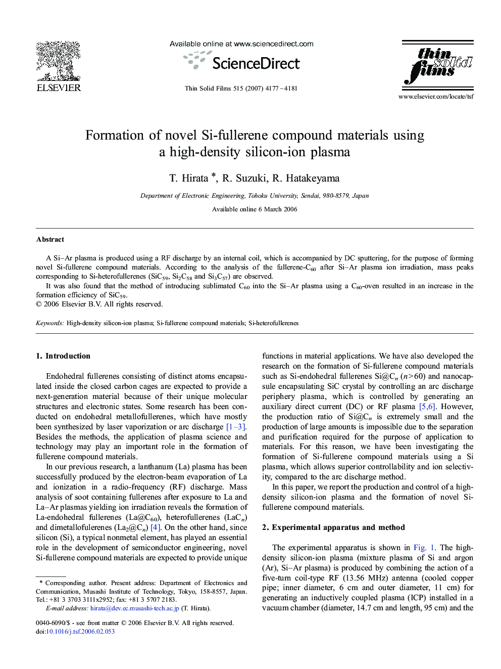 Formation of novel Si-fullerene compound materials using a high-density silicon-ion plasma