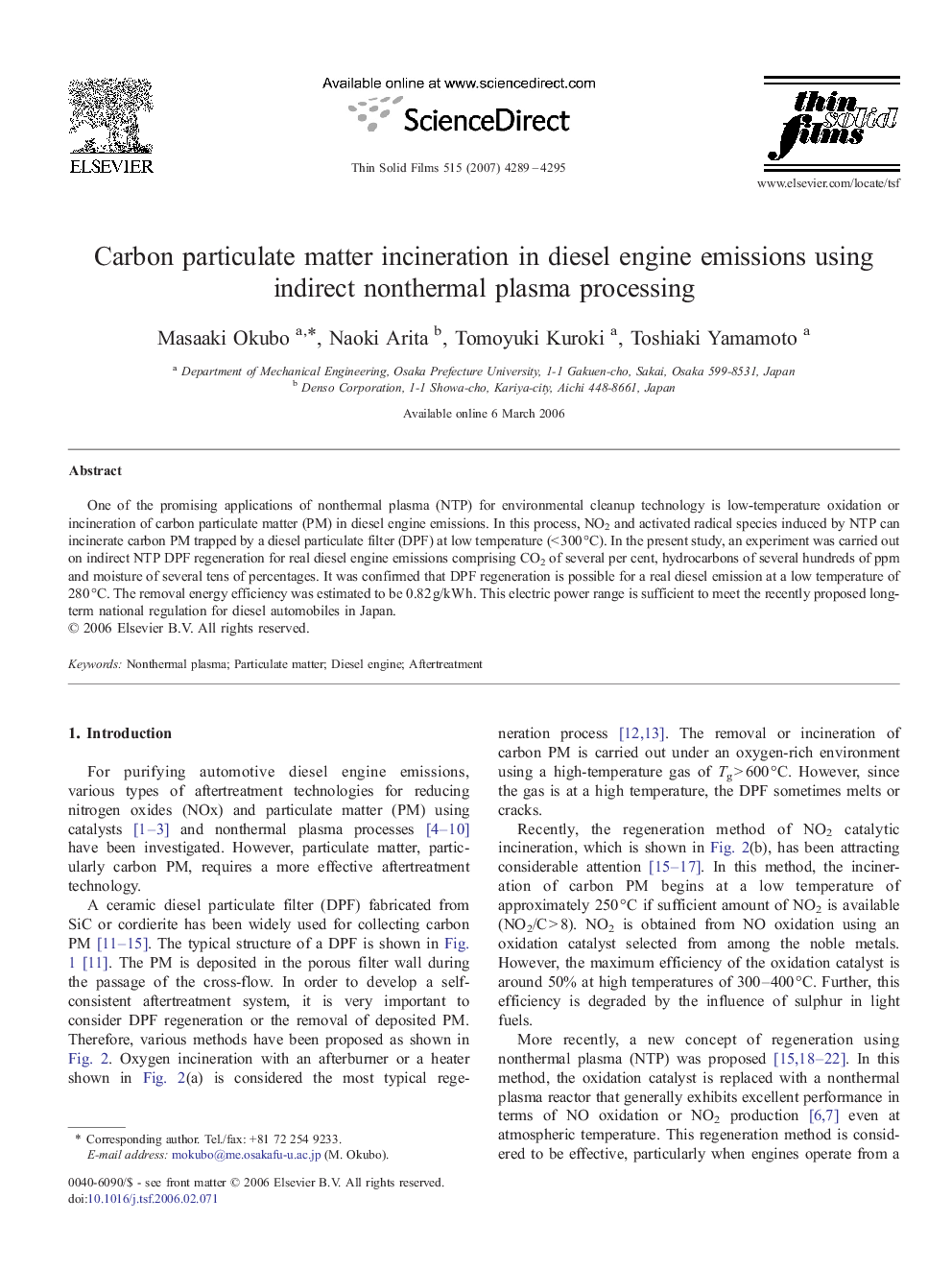 Carbon particulate matter incineration in diesel engine emissions using indirect nonthermal plasma processing