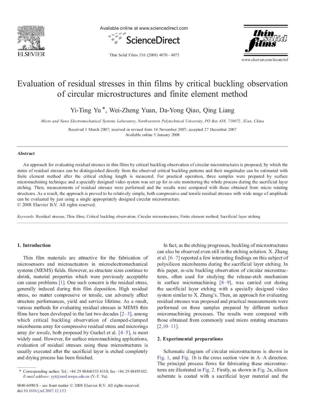 Evaluation of residual stresses in thin films by critical buckling observation of circular microstructures and finite element method