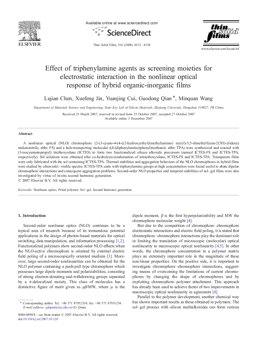 Effect of triphenylamine agents as screening moieties for electrostatic interaction in the nonlinear optical response of hybrid organic-inorganic films