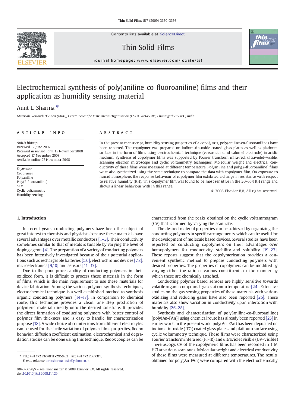 Electrochemical synthesis of poly(aniline-co-fluoroaniline) films and their application as humidity sensing material