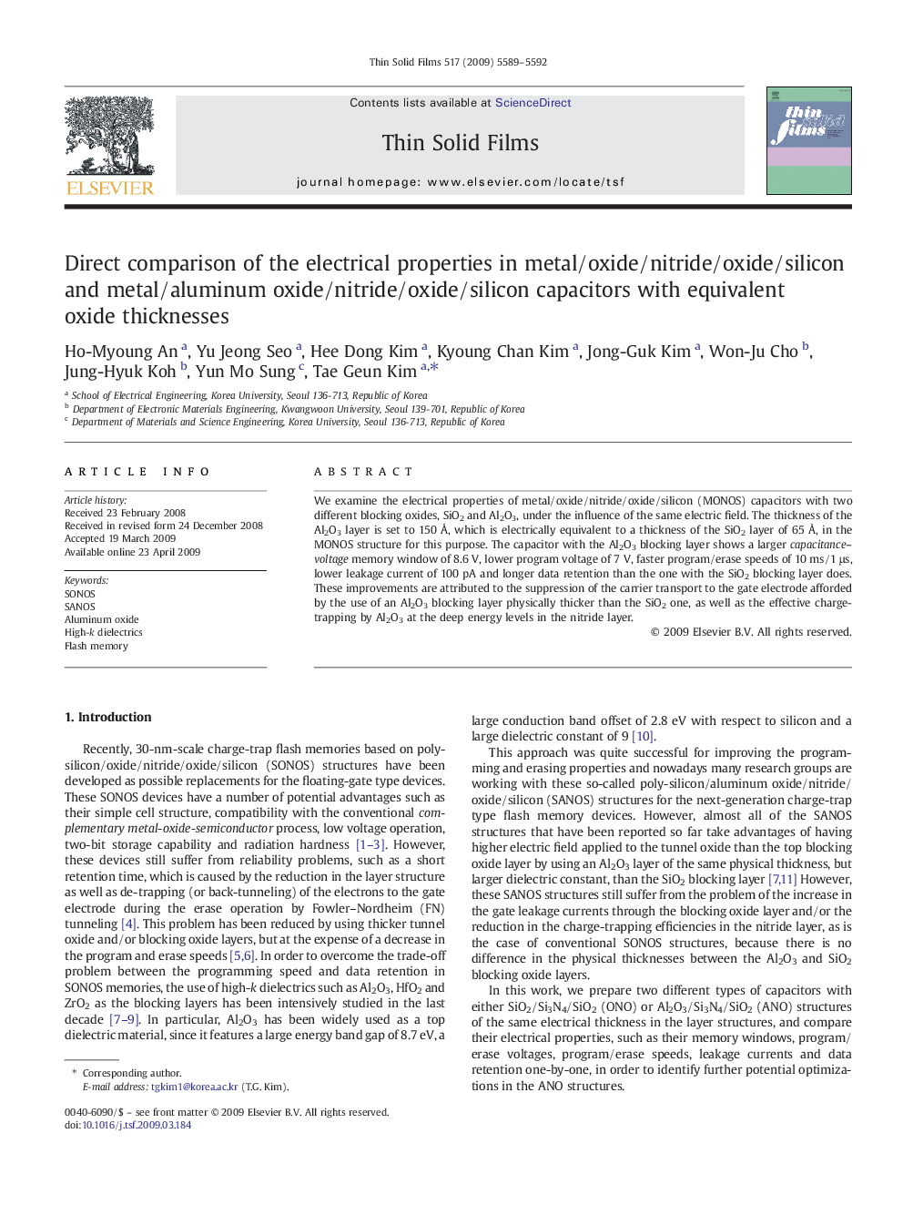 Direct comparison of the electrical properties in metal/oxide/nitride/oxide/silicon and metal/aluminum oxide/nitride/oxide/silicon capacitors with equivalent oxide thicknesses