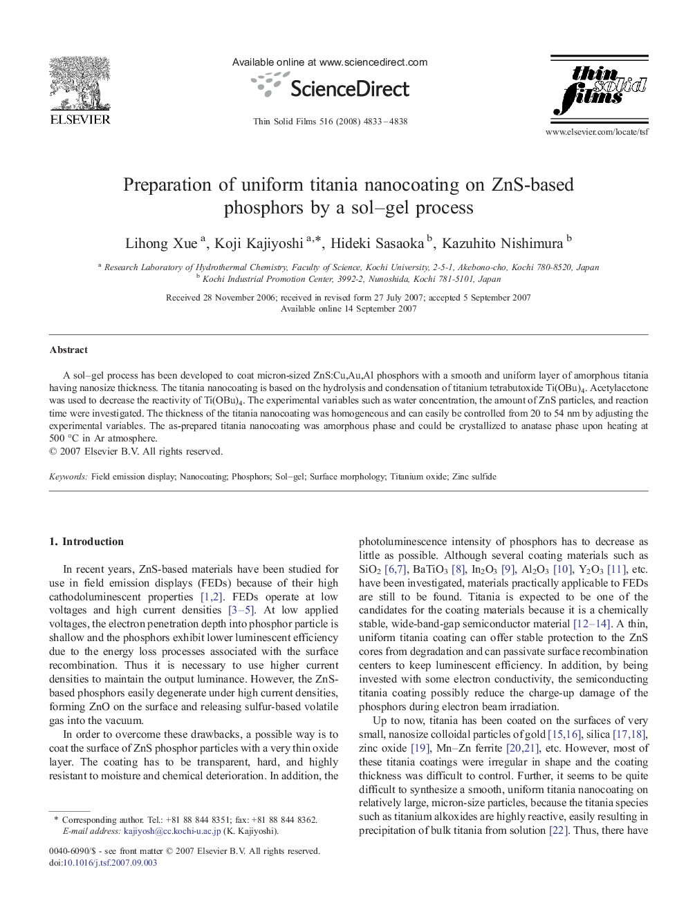 Preparation of uniform titania nanocoating on ZnS-based phosphors by a sol–gel process