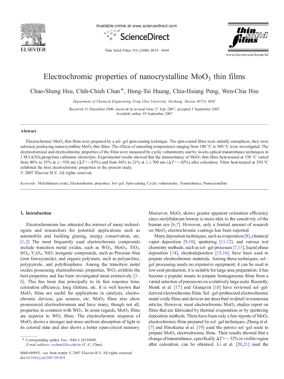 Electrochromic properties of nanocrystalline MoO3 thin films