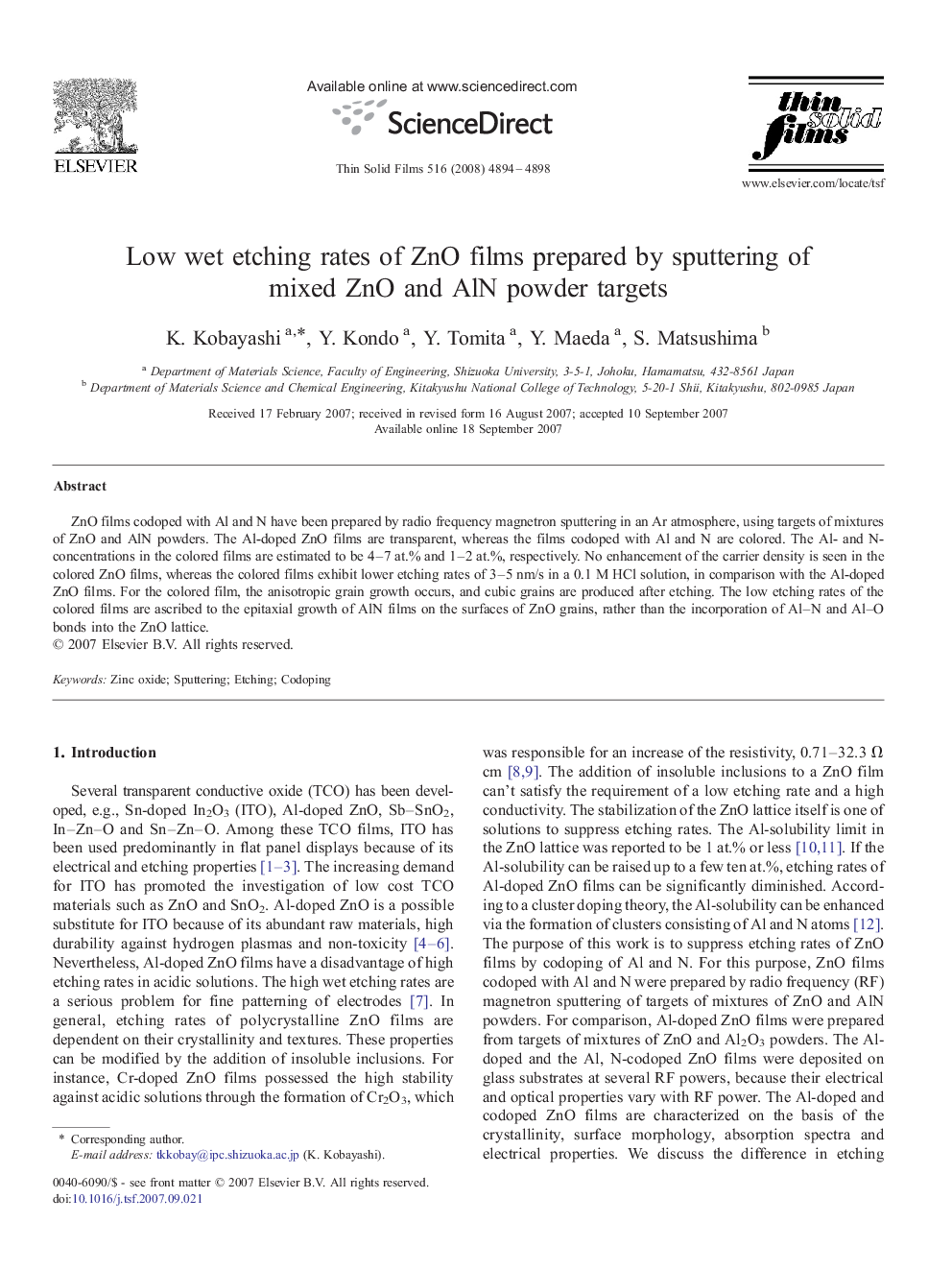 Low wet etching rates of ZnO films prepared by sputtering of mixed ZnO and AlN powder targets