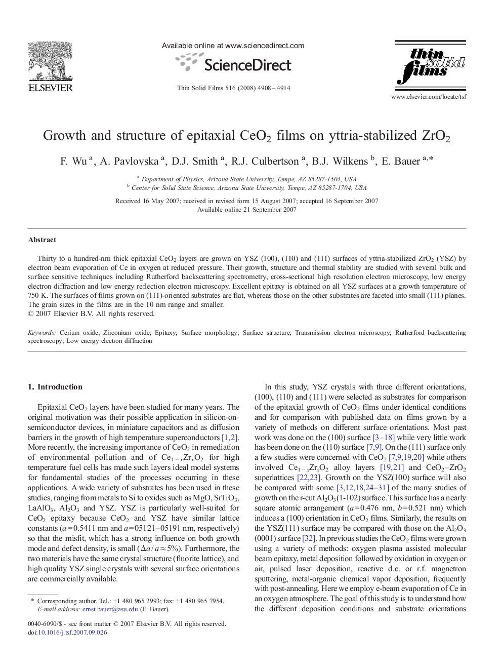 Growth and structure of epitaxial CeO2 films on yttria-stabilized ZrO2