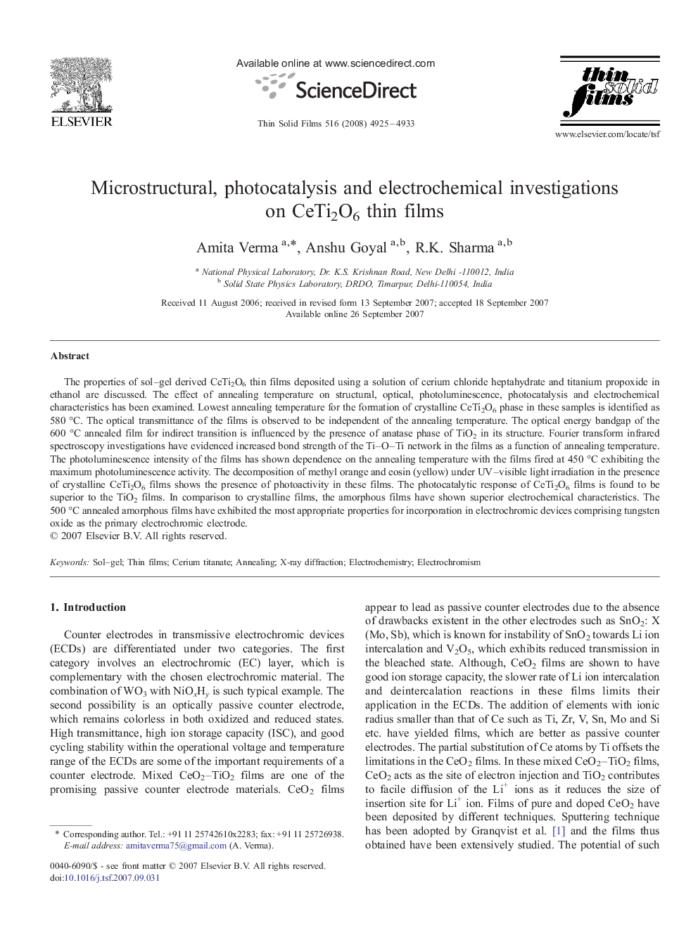 Microstructural, photocatalysis and electrochemical investigations on CeTi2O6 thin films