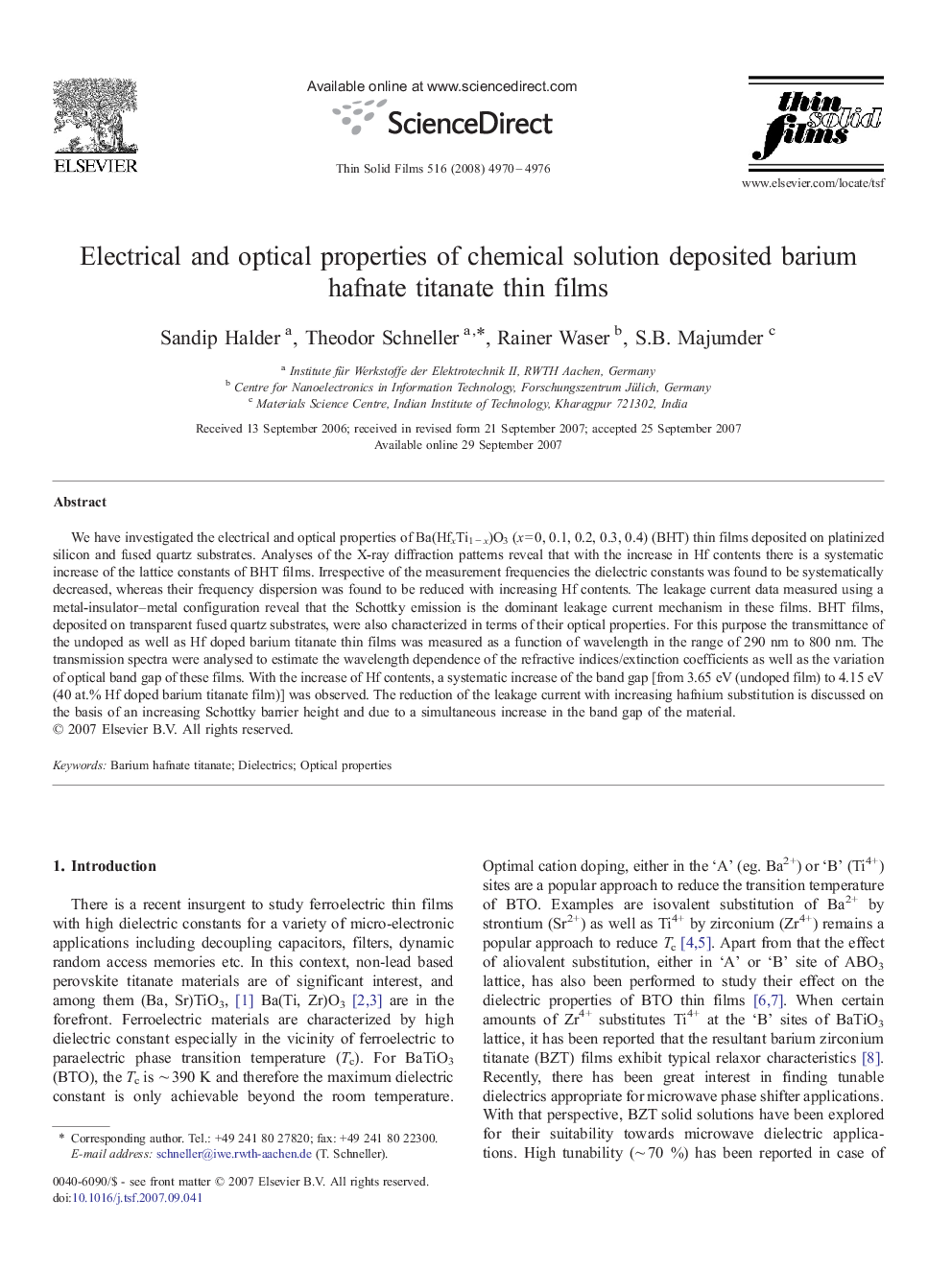 عکس صفحه اول مقاله: Electrical and optical properties of chemical solution deposited barium hafnate titanate thin films Electrical and optical properties of chemical solution deposited barium hafnate titanate thin films