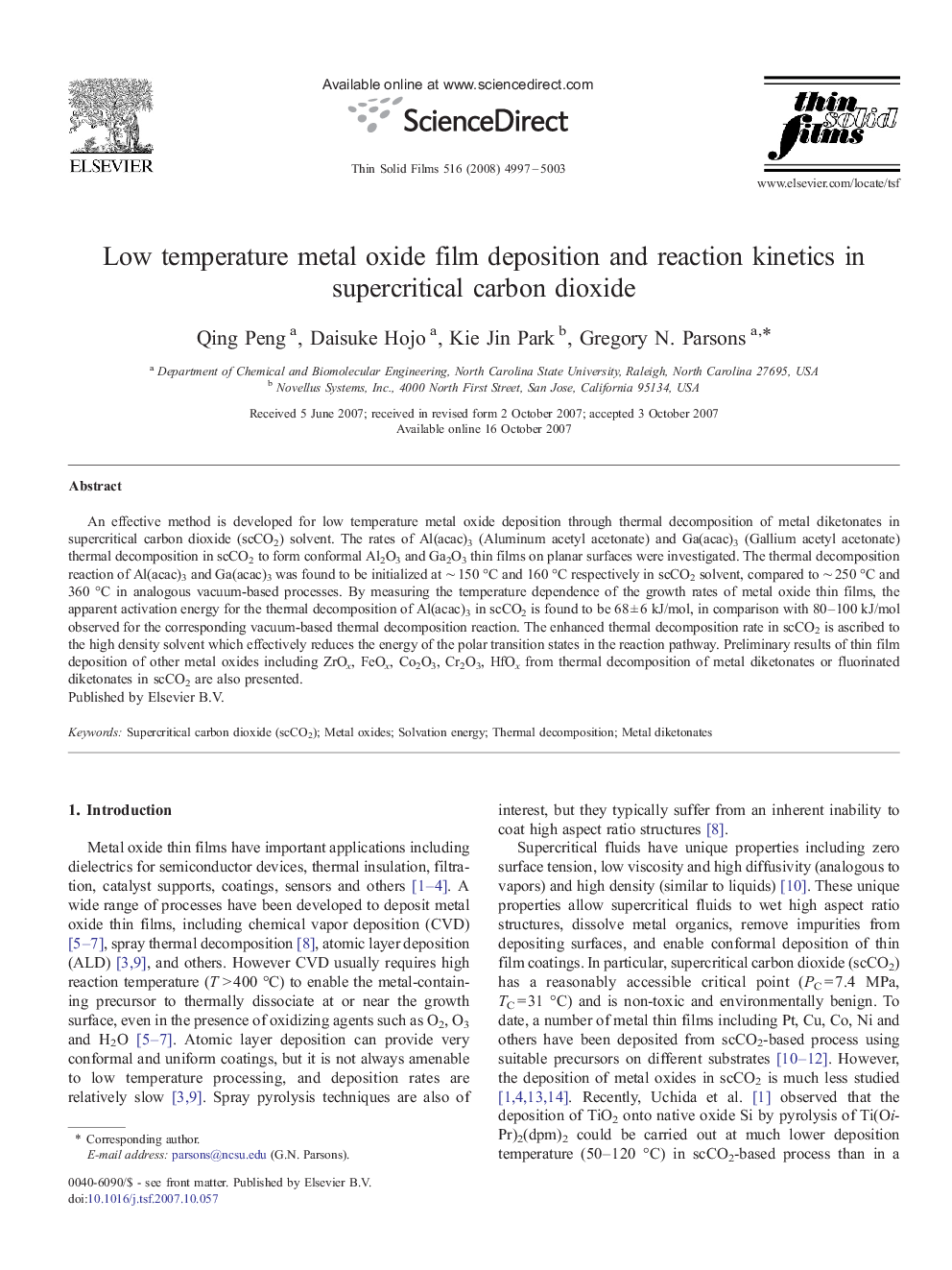 Low temperature metal oxide film deposition and reaction kinetics in supercritical carbon dioxide