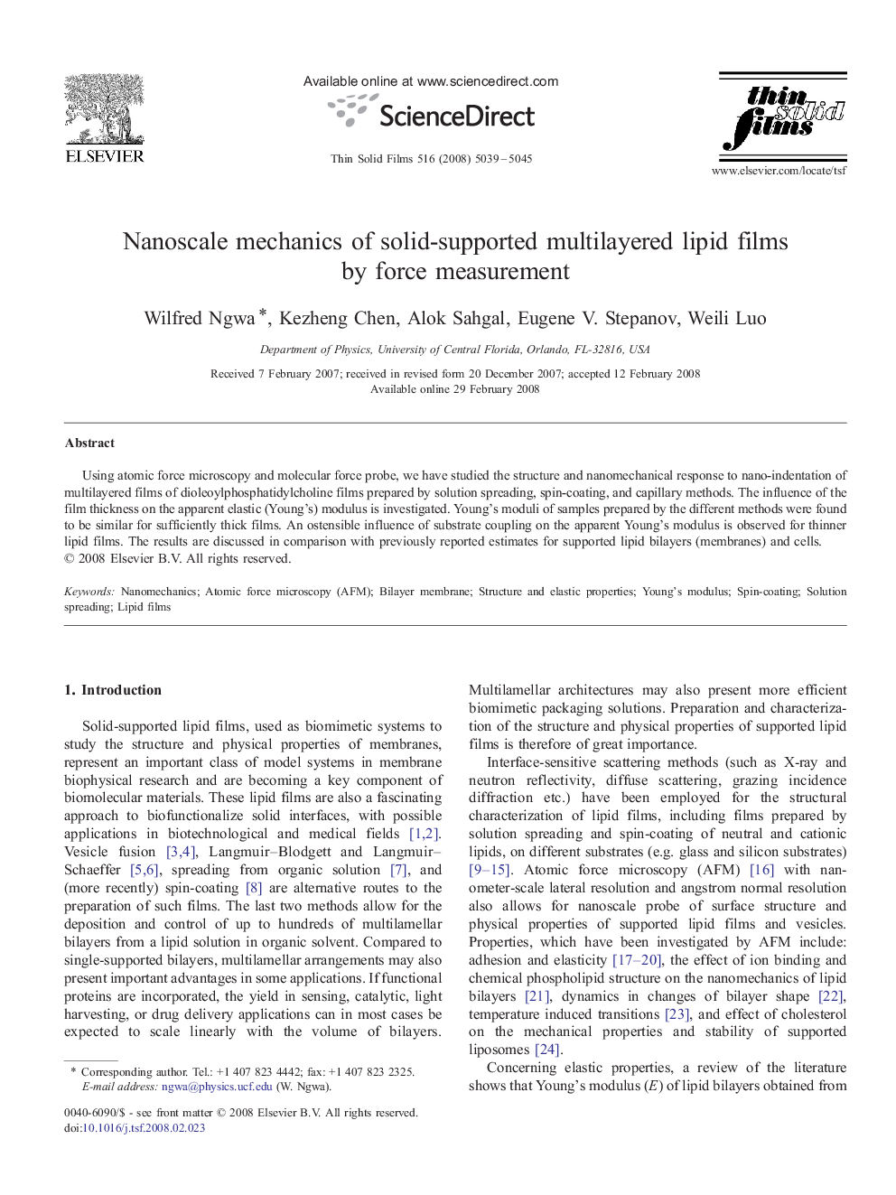 Nanoscale mechanics of solid-supported multilayered lipid films by force measurement