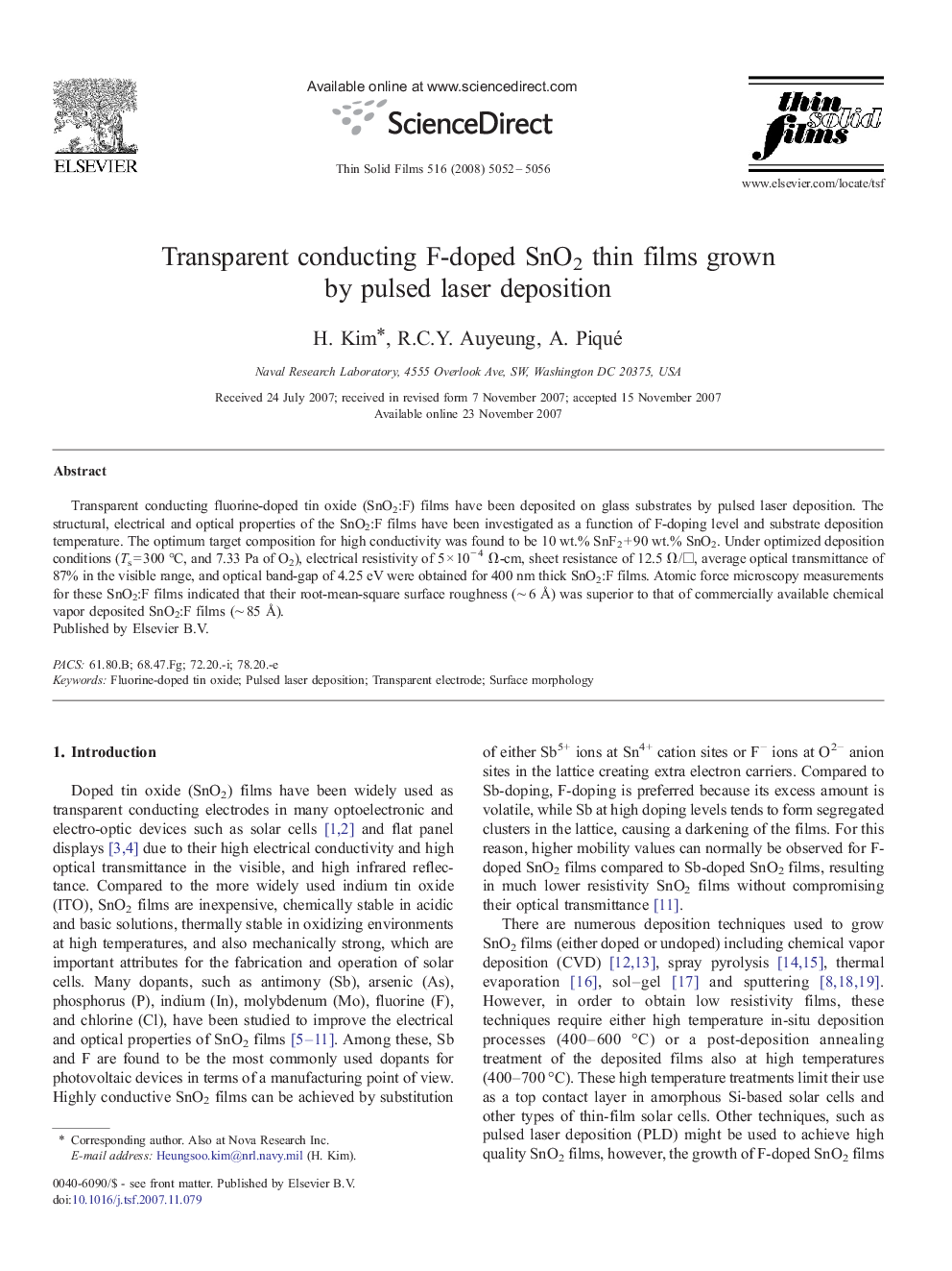 Transparent conducting F-doped SnO2 thin films grown by pulsed laser deposition