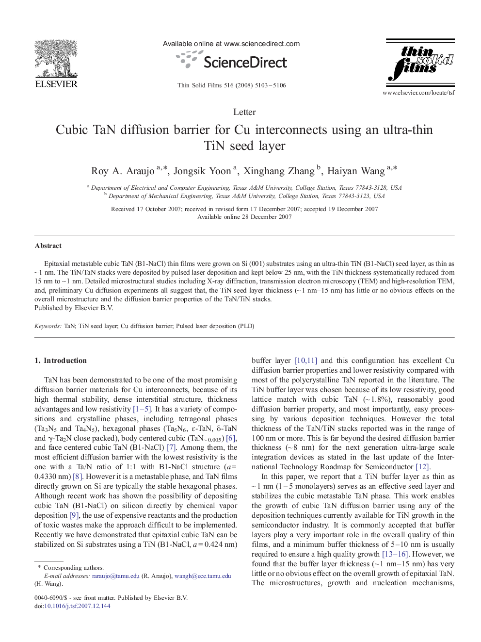 Cubic TaN diffusion barrier for Cu interconnects using an ultra-thin TiN seed layer