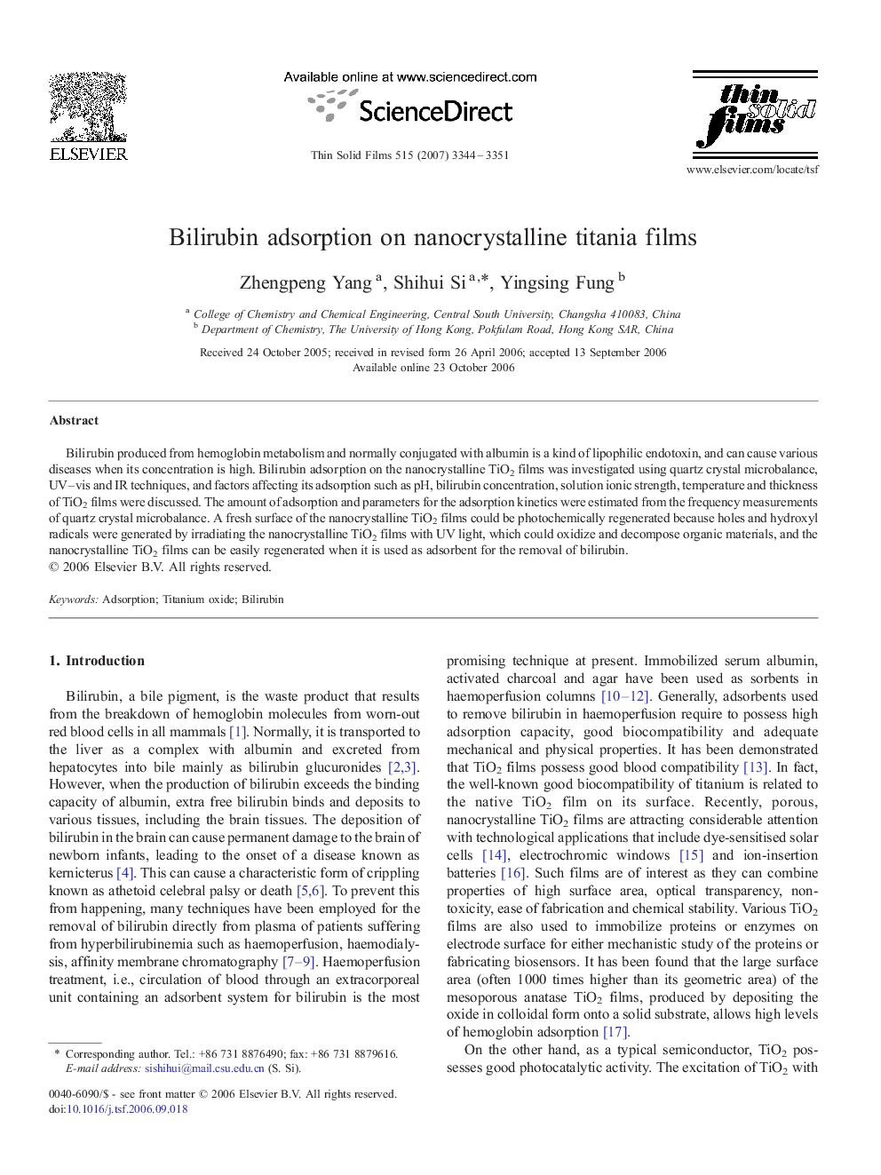 Bilirubin adsorption on nanocrystalline titania films