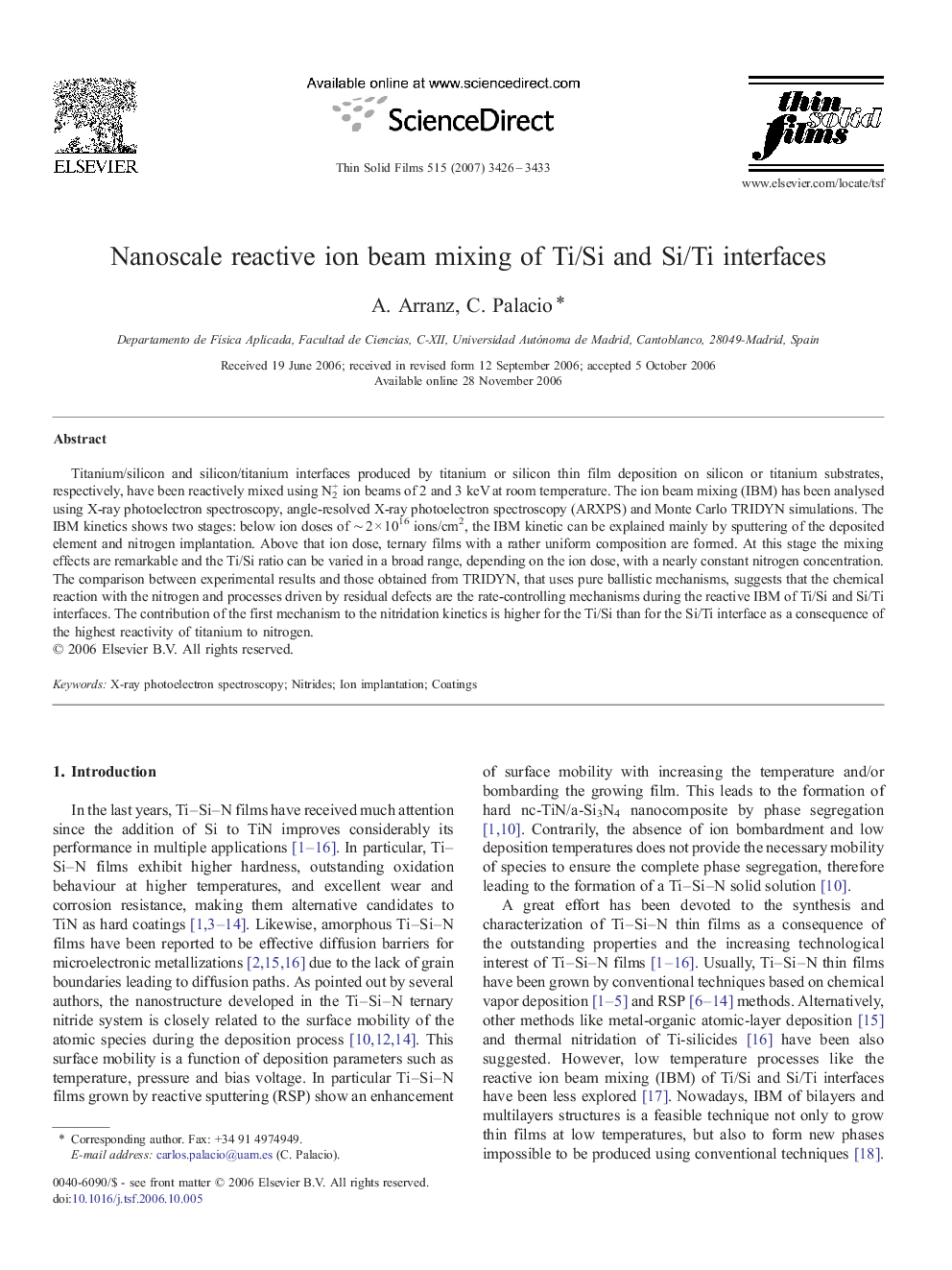 Nanoscale reactive ion beam mixing of Ti/Si and Si/Ti interfaces