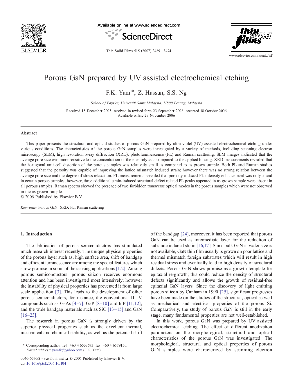 Porous GaN prepared by UV assisted electrochemical etching