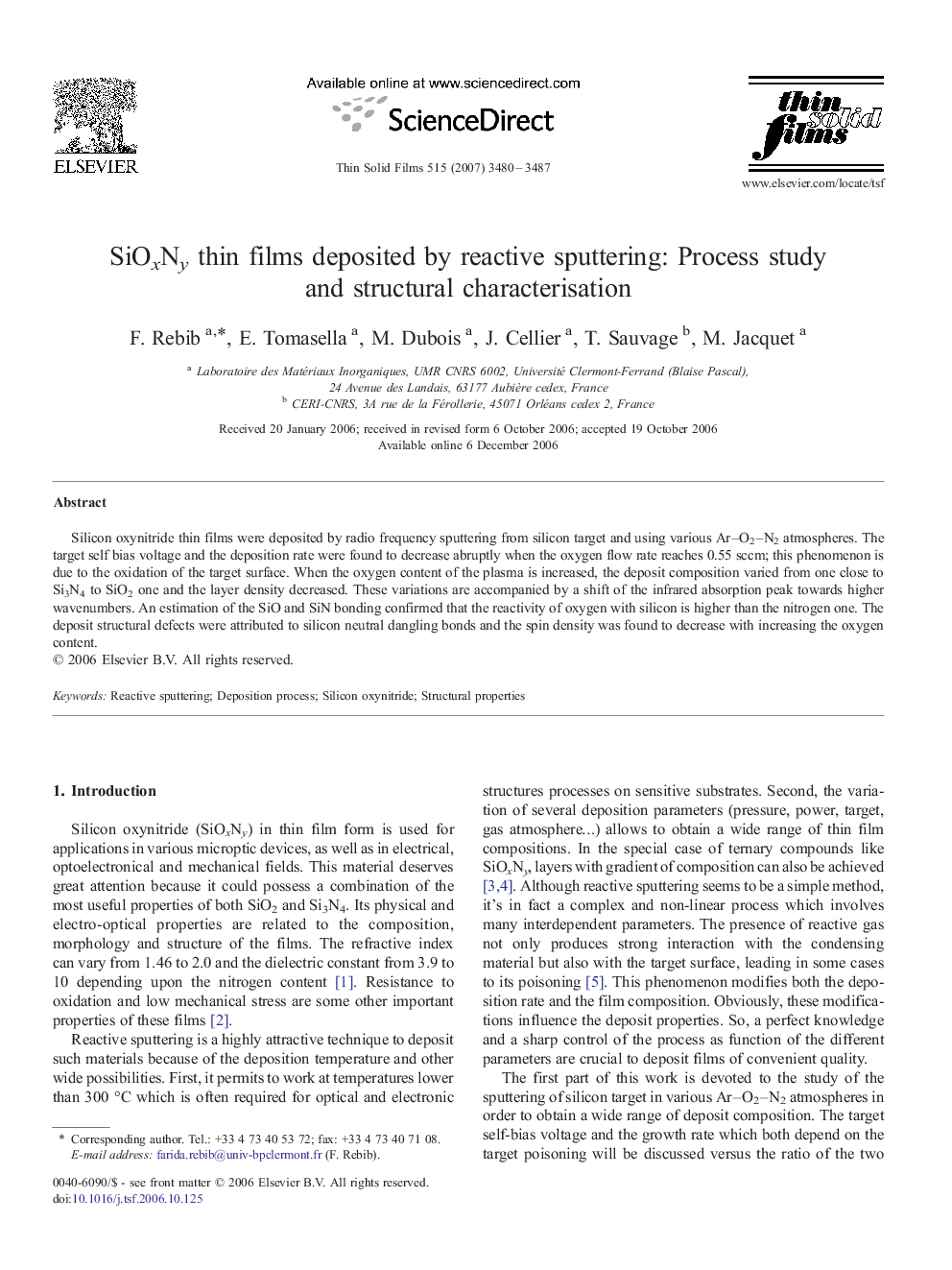 عکس صفحه اول مقاله: SiOxNy thin films deposited by reactive sputtering: Process study and structural characterisation SiOxNy thin films deposited by reactive sputtering: Process study and structural characterisation
