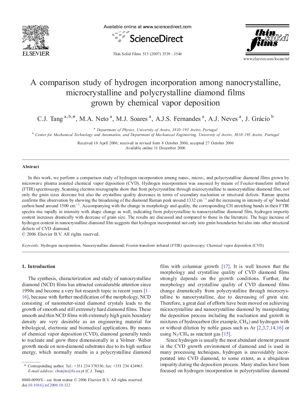 A comparison study of hydrogen incorporation among nanocrystalline, microcrystalline and polycrystalline diamond films grown by chemical vapor deposition