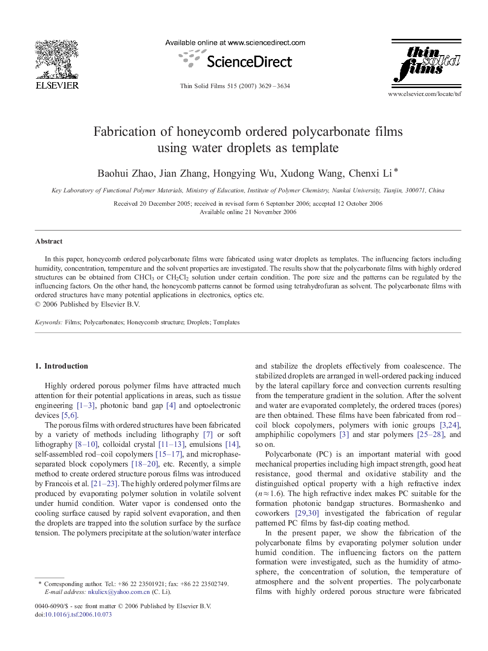 Fabrication of honeycomb ordered polycarbonate films using water droplets as template