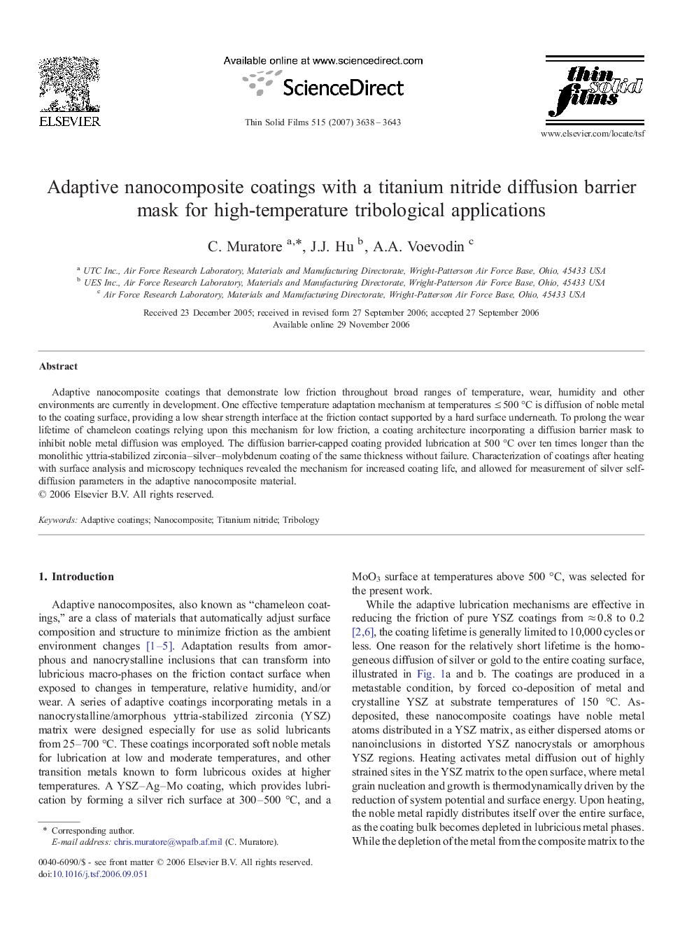 Adaptive nanocomposite coatings with a titanium nitride diffusion barrier mask for high-temperature tribological applications