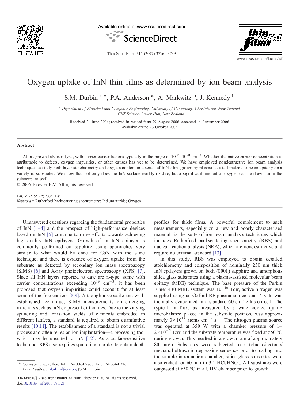 Oxygen uptake of InN thin films as determined by ion beam analysis