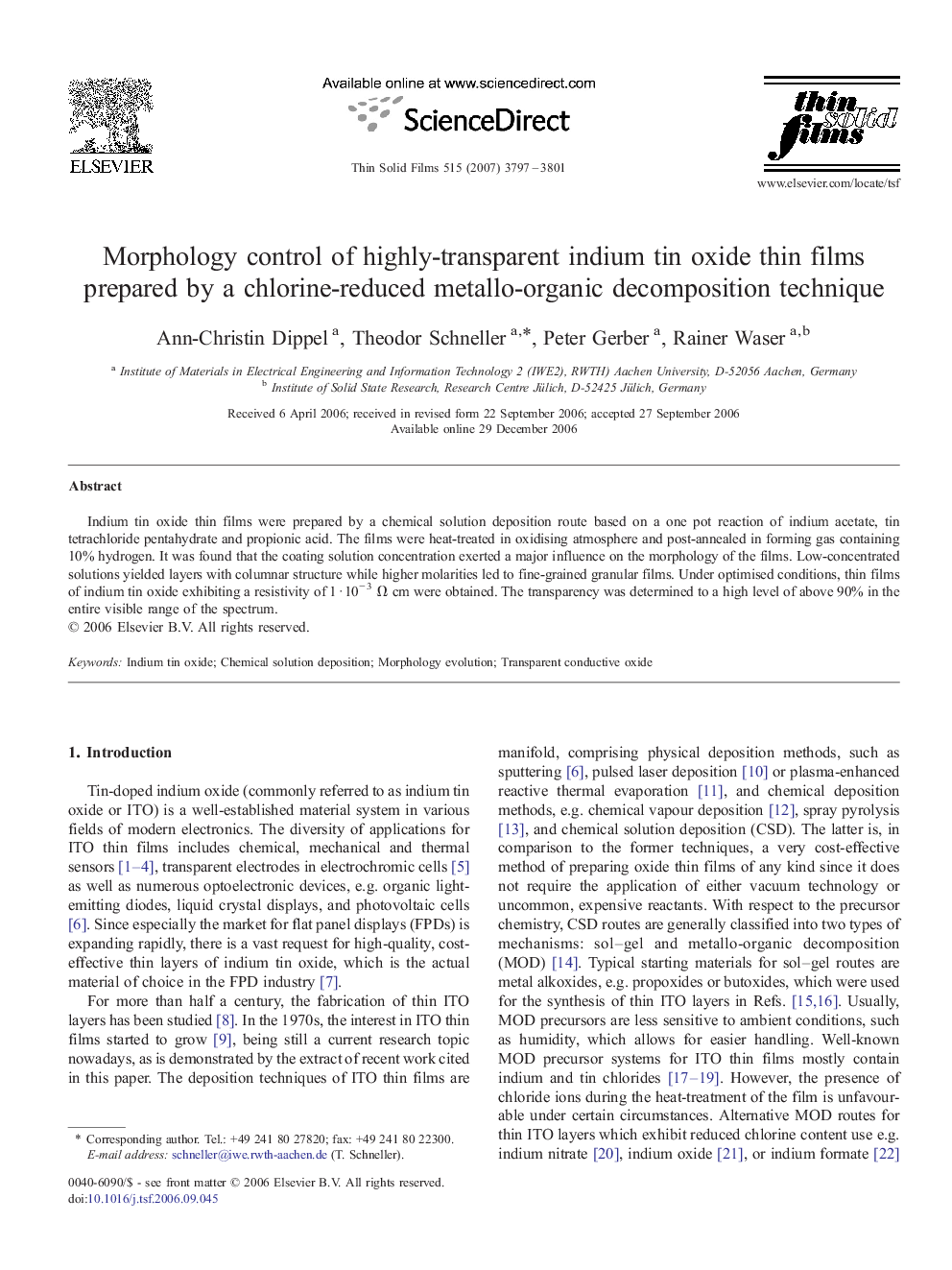 Morphology control of highly-transparent indium tin oxide thin films prepared by a chlorine-reduced metallo-organic decomposition technique