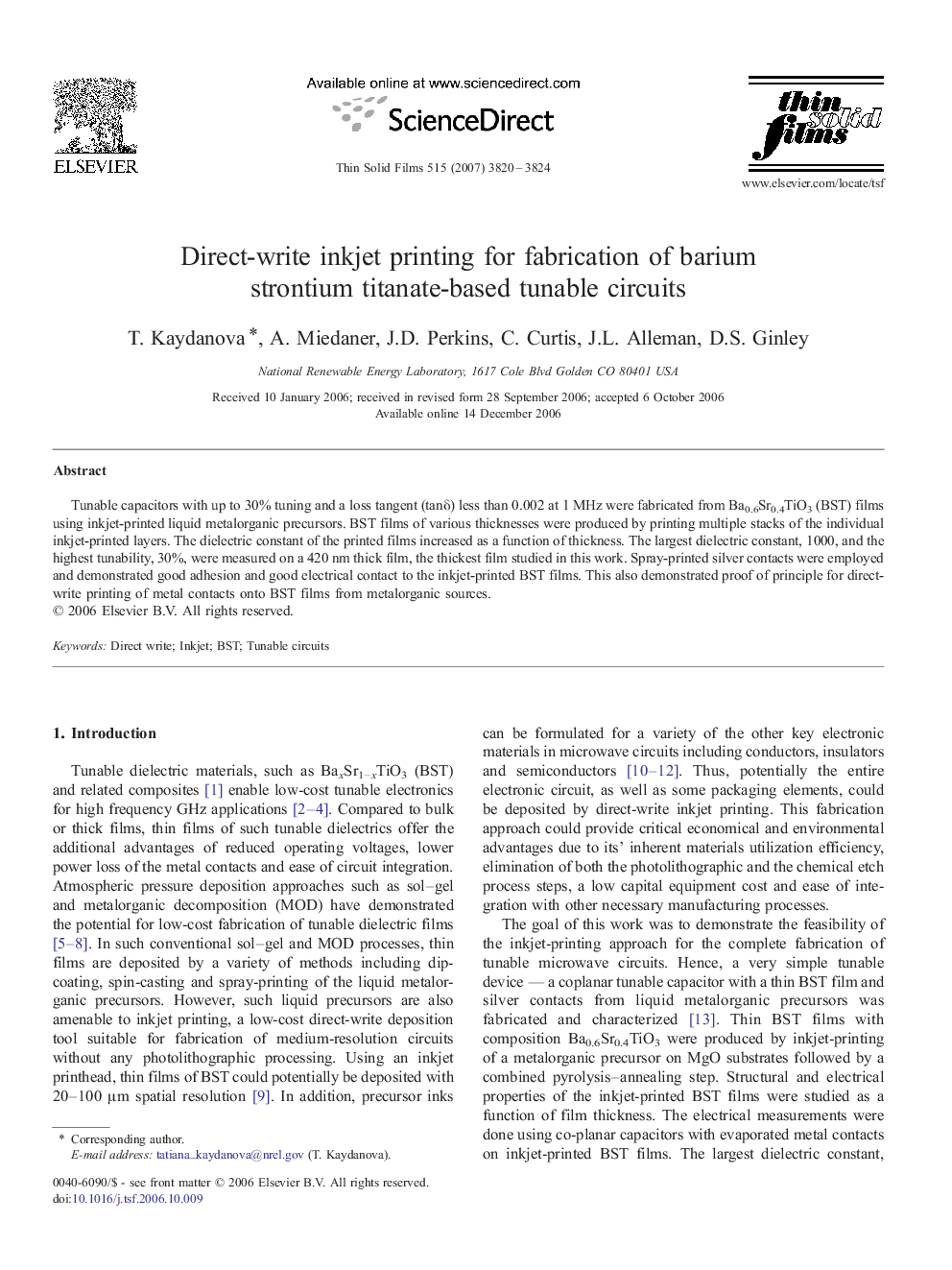 Direct-write inkjet printing for fabrication of barium strontium titanate-based tunable circuits