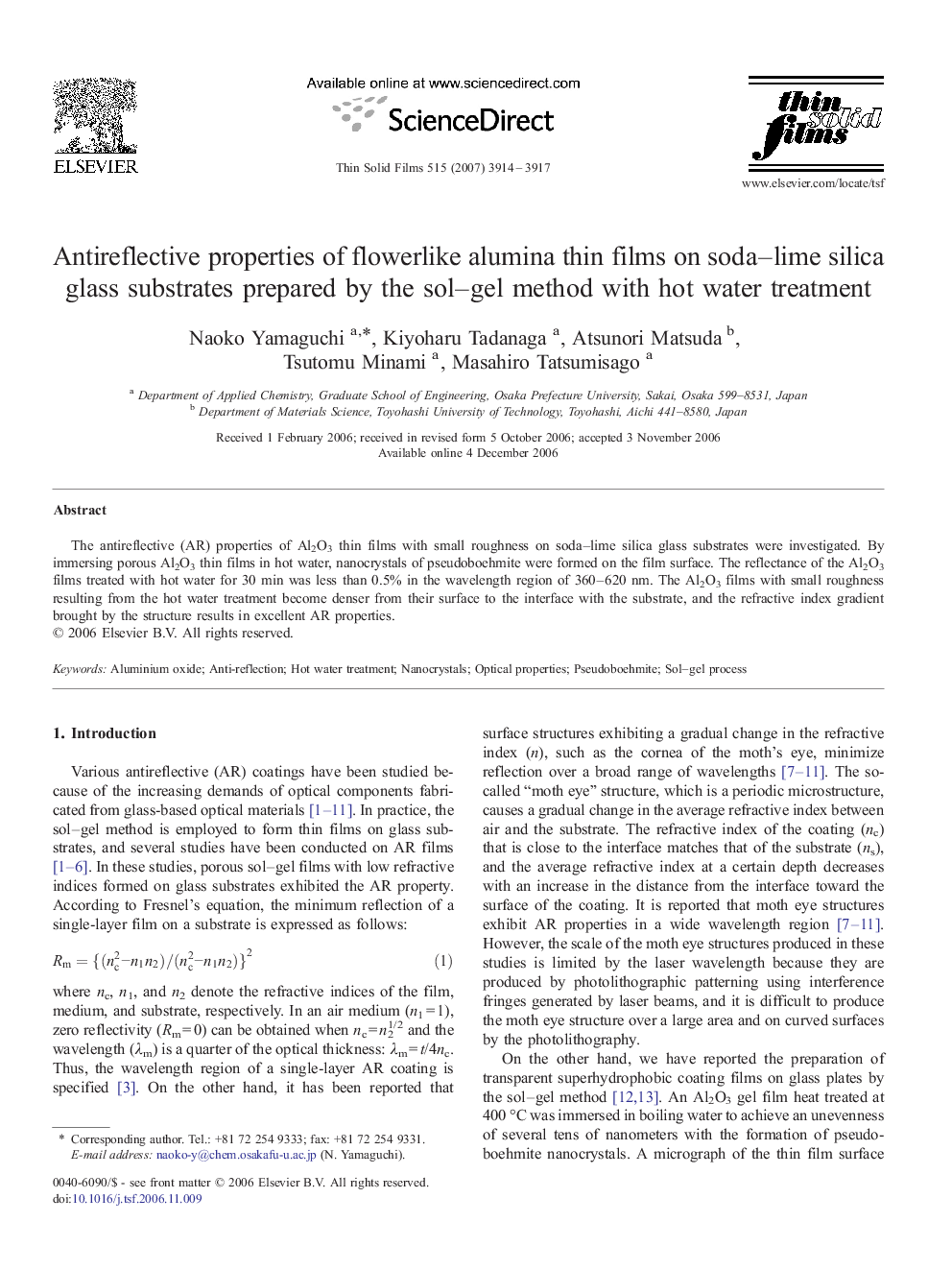 Antireflective properties of flowerlike alumina thin films on soda–lime silica glass substrates prepared by the sol–gel method with hot water treatment