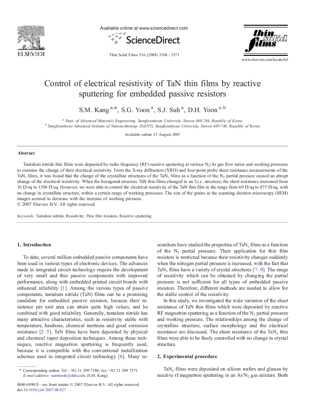 Control of electrical resistivity of TaN thin films by reactive sputtering for embedded passive resistors