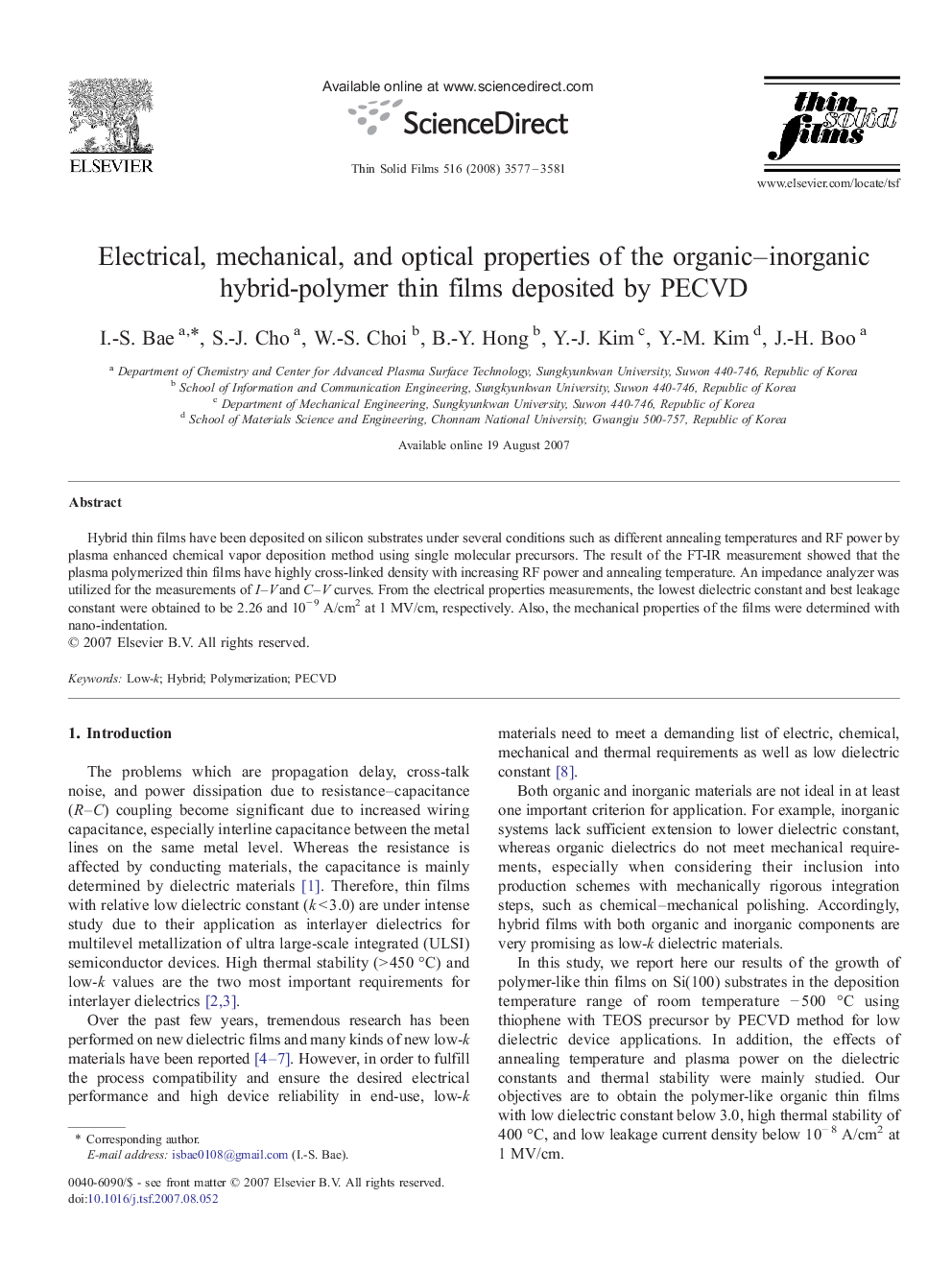 Electrical, mechanical, and optical properties of the organic-inorganic hybrid-polymer thin films deposited by PECVD