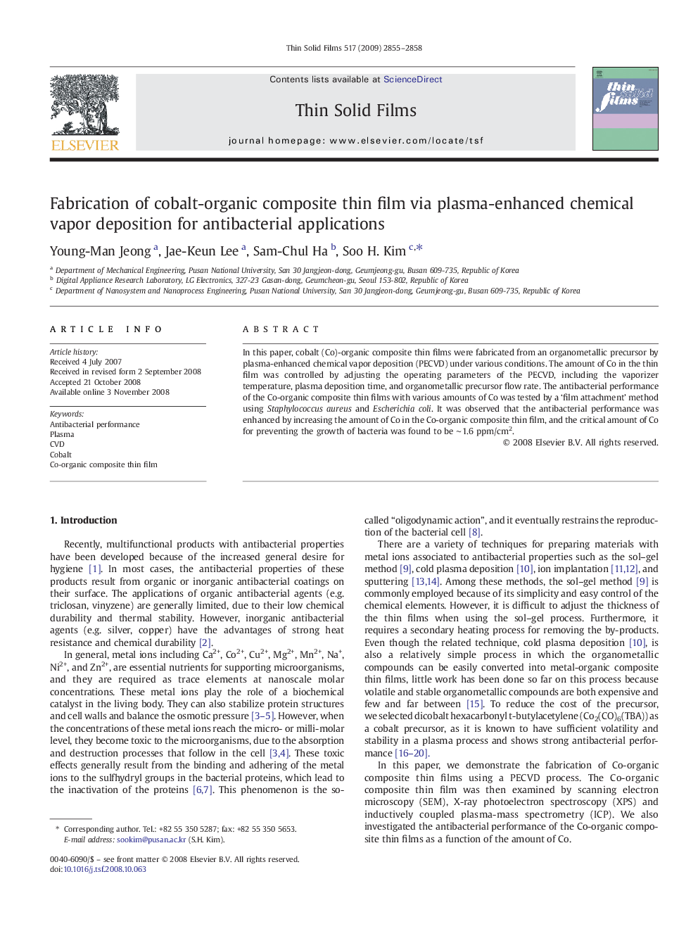 Fabrication of cobalt-organic composite thin film via plasma-enhanced chemical vapor deposition for antibacterial applications