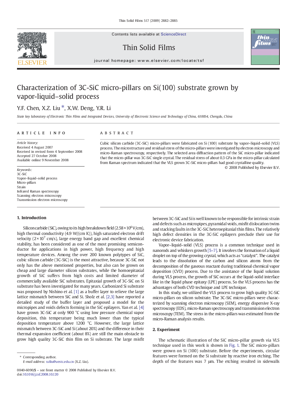 Characterization of 3C-SiC micro-pillars on Si(100) substrate grown by vapor-liquid–solid process