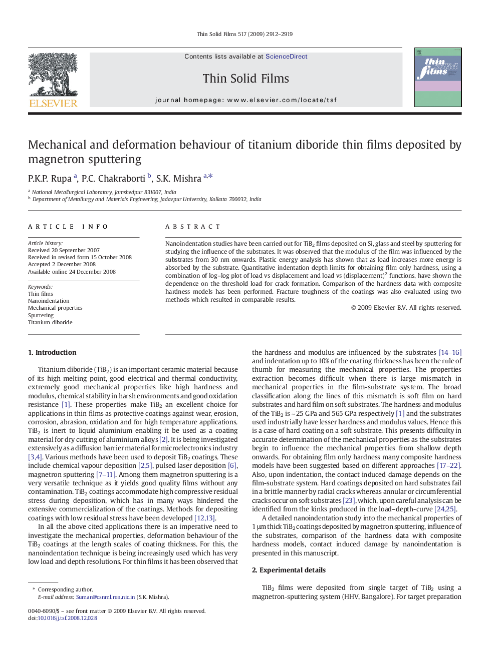 Mechanical and deformation behaviour of titanium diboride thin films deposited by magnetron sputtering