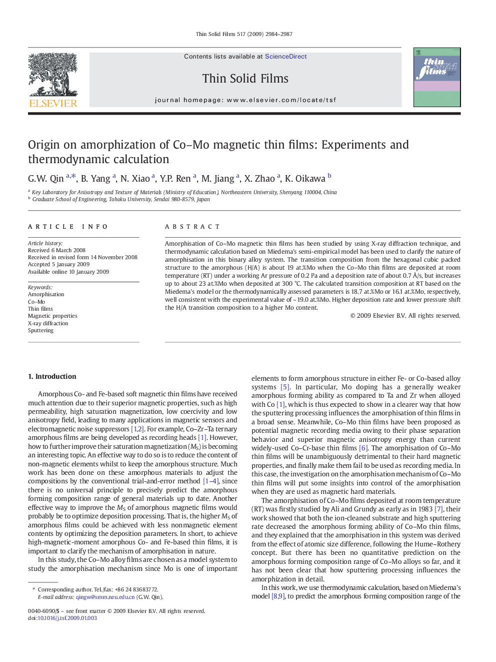 Origin on amorphization of Co–Mo magnetic thin films: Experiments and thermodynamic calculation